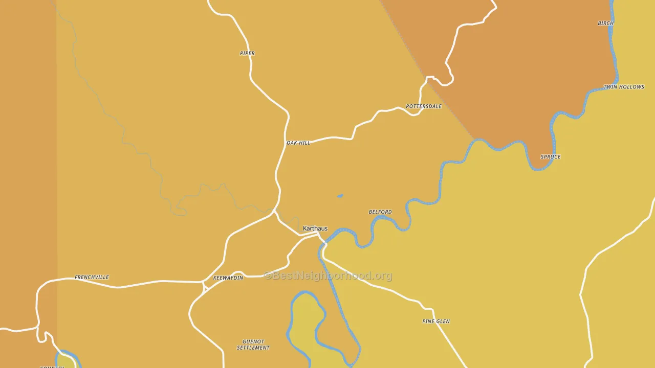 Map of the best neighborhoods in the 16845 area, with better matches in green and worse matches in red