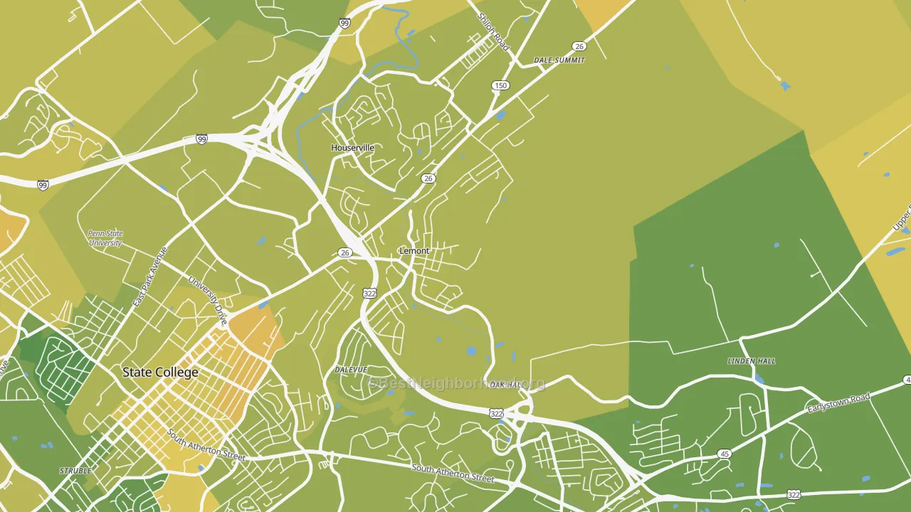 Map of the best neighborhoods in the 16851 area, with better matches in green and worse matches in red