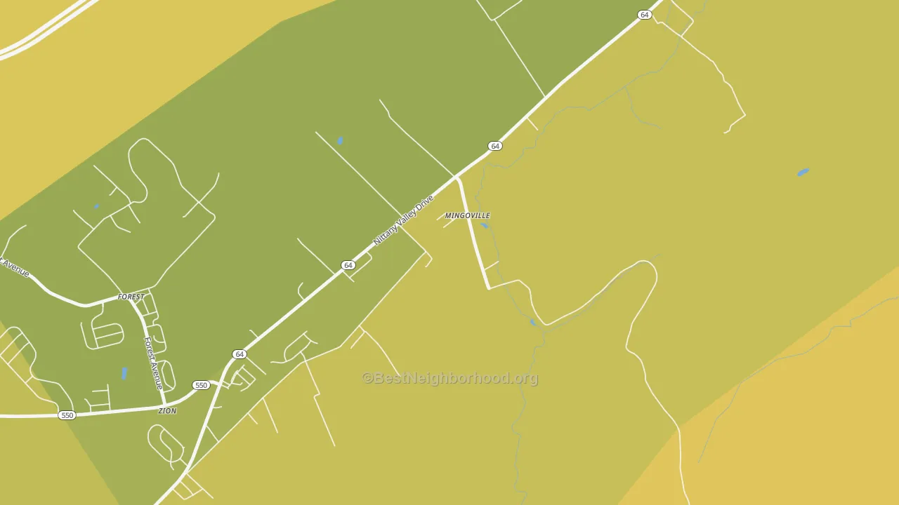 Map of the best neighborhoods in the 16856 area, with better matches in green and worse matches in red
