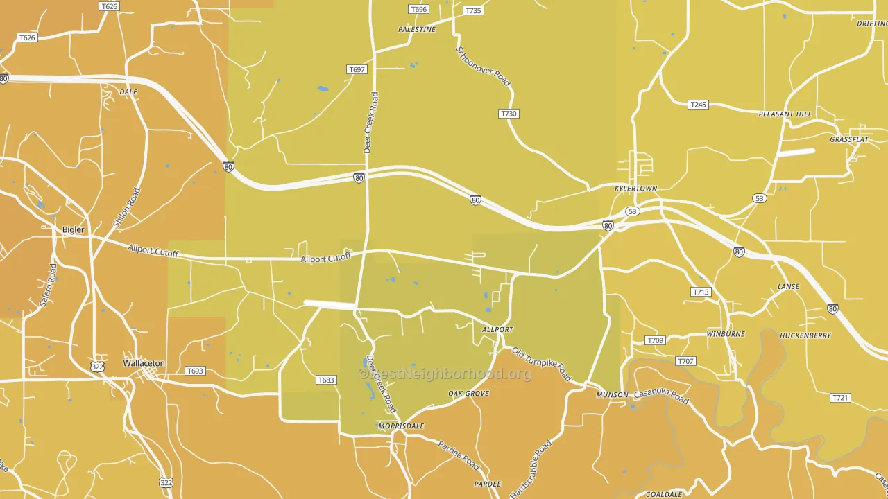 Map of the best neighborhoods in the 16858 area, with better matches in green and worse matches in red