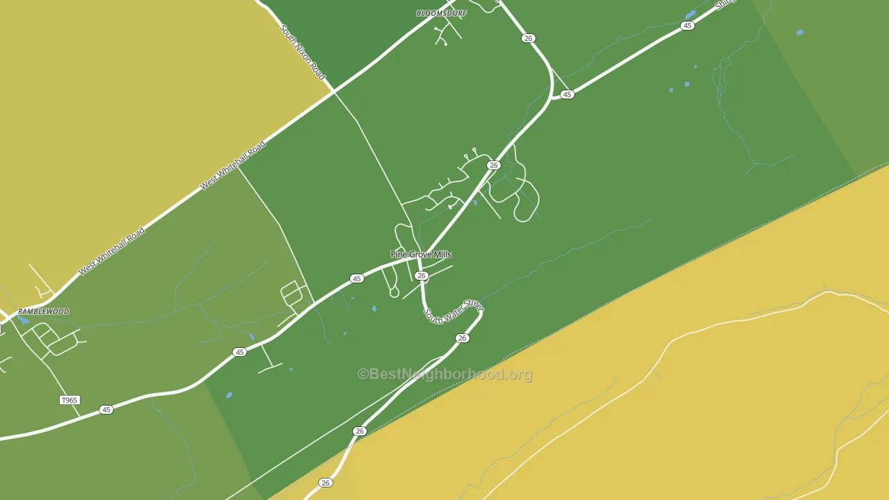 Map of the best neighborhoods in the 16868 area, with better matches in green and worse matches in red
