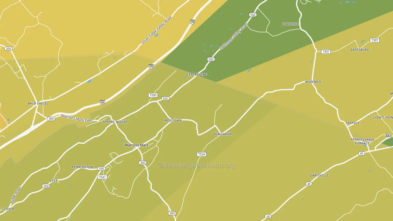 Map of the best neighborhoods in the 16877 area, with better matches in green and worse matches in red