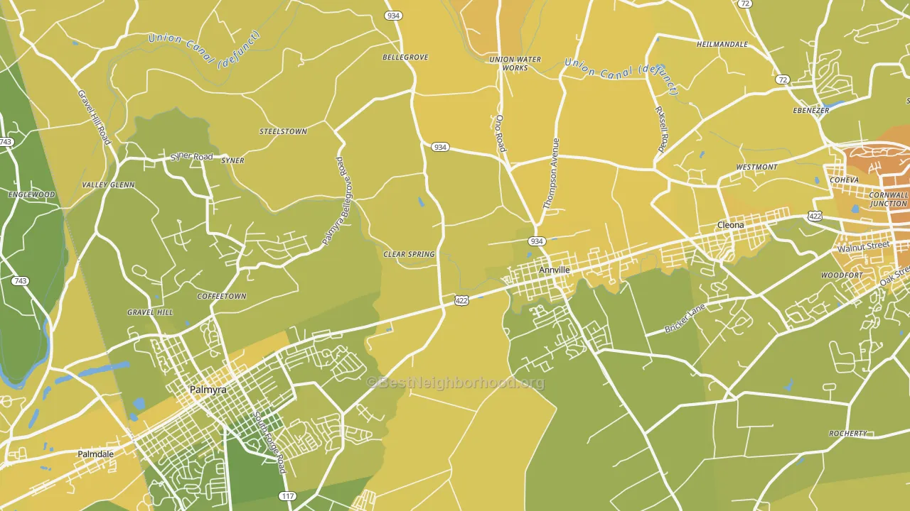 Map of the best neighborhoods in the 17003 area, with better matches in green and worse matches in red
