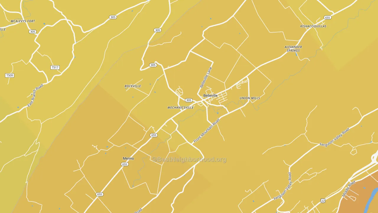 Map of the best neighborhoods in the 17004 area, with better matches in green and worse matches in red