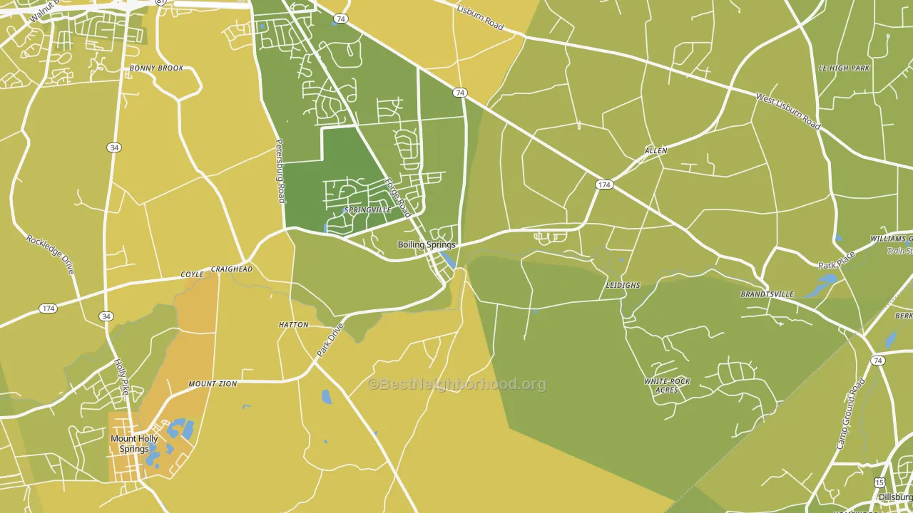 Map of the best neighborhoods in the 17007 area, with better matches in green and worse matches in red