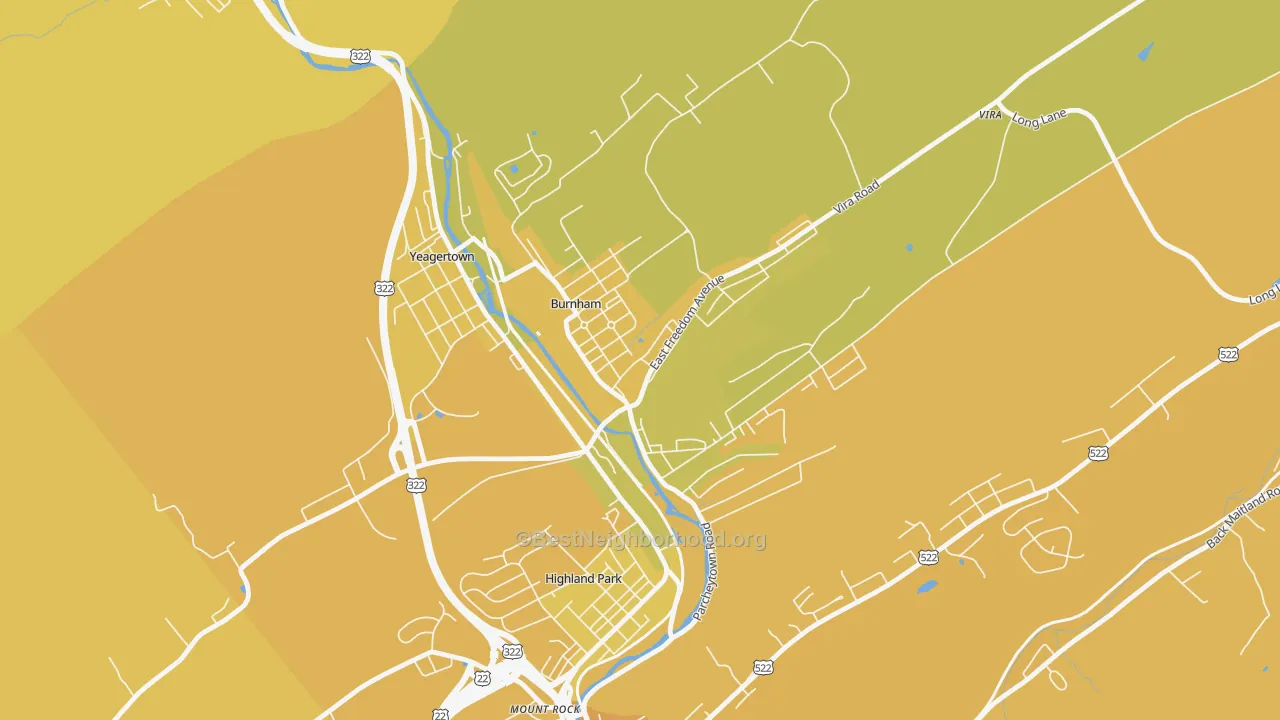 Map of the best neighborhoods in the 17009 area, with better matches in green and worse matches in red