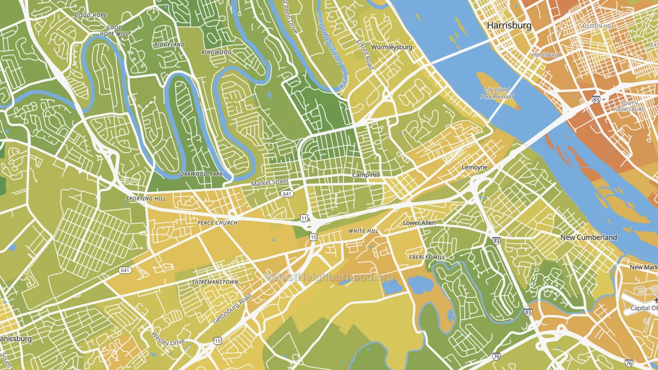 Map of the best neighborhoods in the 17011 area, with better matches in green and worse matches in red