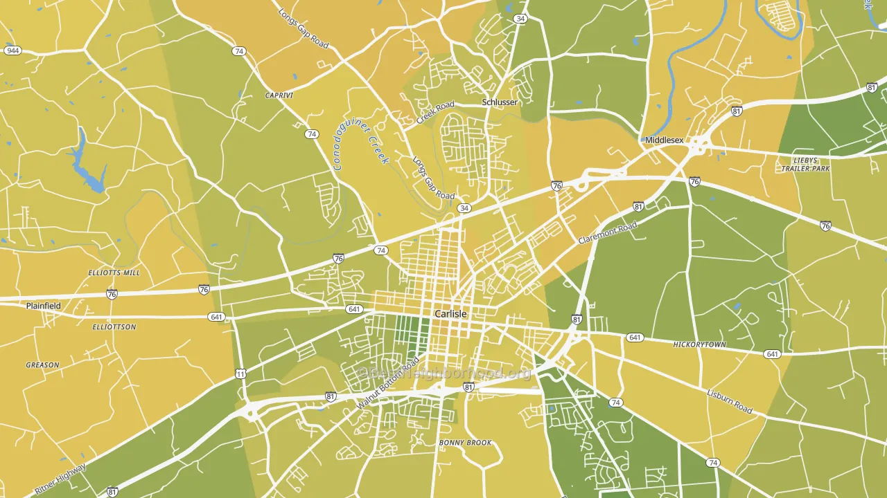 Map of the best neighborhoods in the 17013 area, with better matches in green and worse matches in red