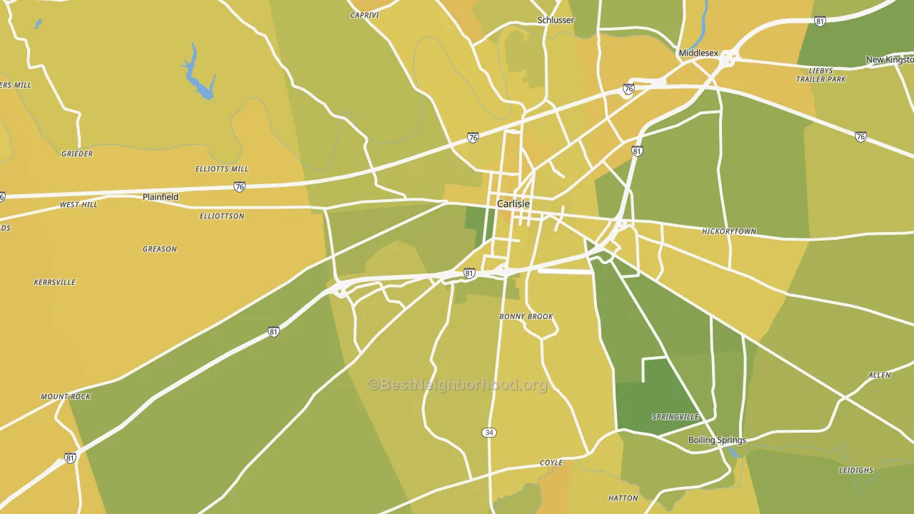 Map of the best neighborhoods in the 17015 area, with better matches in green and worse matches in red