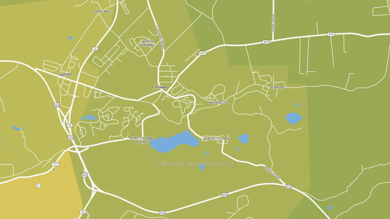Map of the best neighborhoods in the 17016 area, with better matches in green and worse matches in red