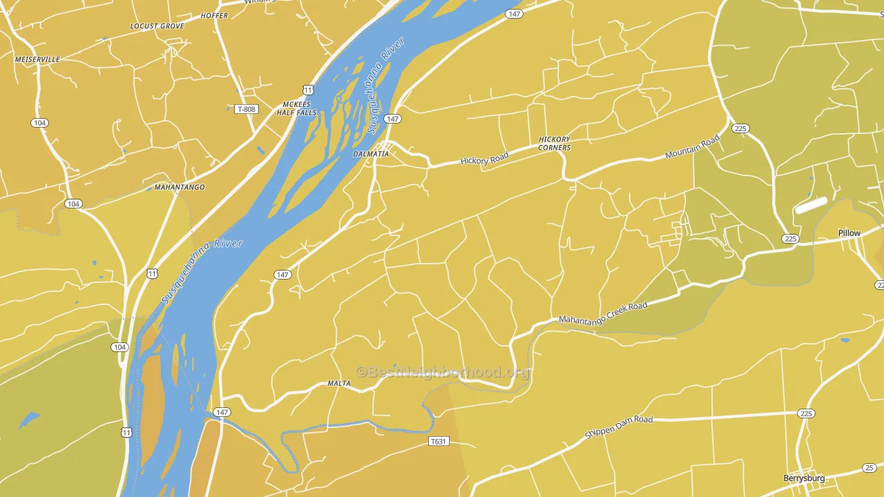 Map of the best neighborhoods in the 17017 area, with better matches in green and worse matches in red
