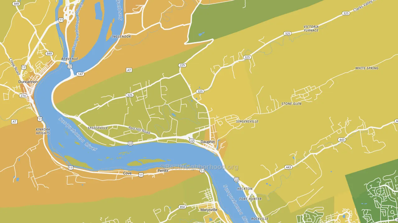 Map of the best neighborhoods in the 17018 area, with better matches in green and worse matches in red