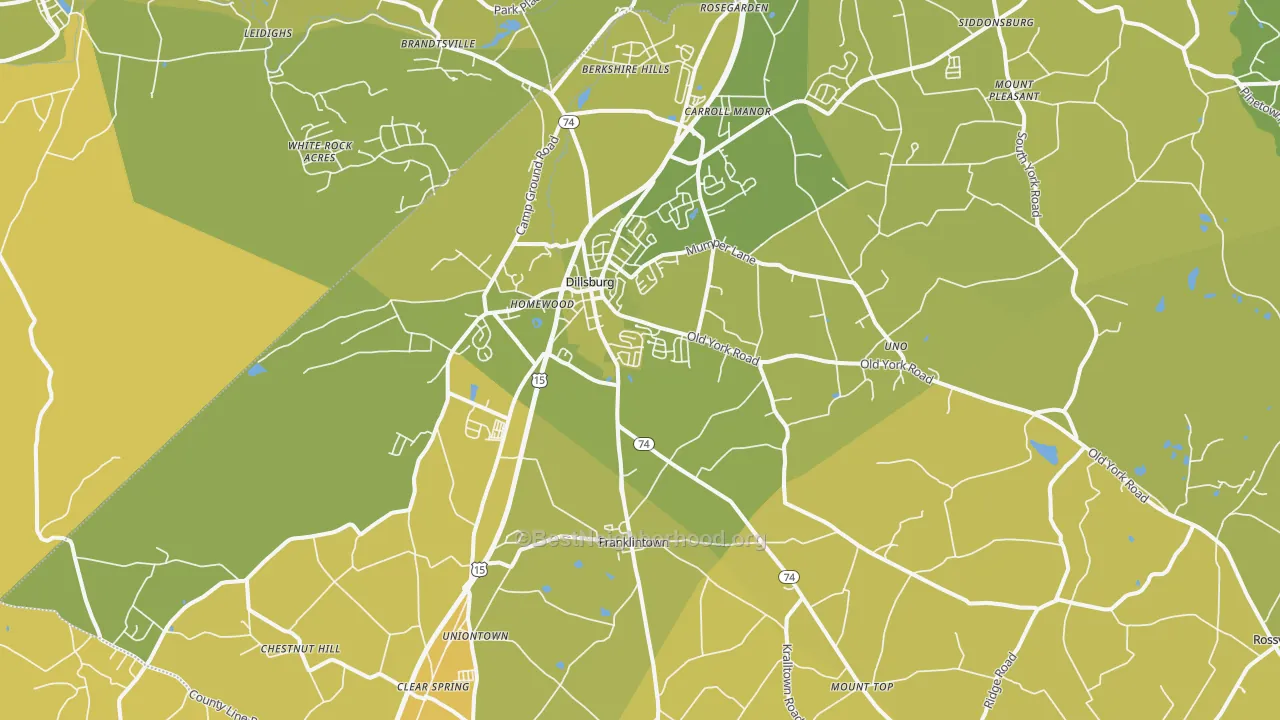 Map of the best neighborhoods in the 17019 area, with better matches in green and worse matches in red