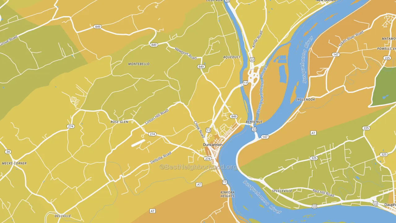 Map of the best neighborhoods in the 17020 area, with better matches in green and worse matches in red