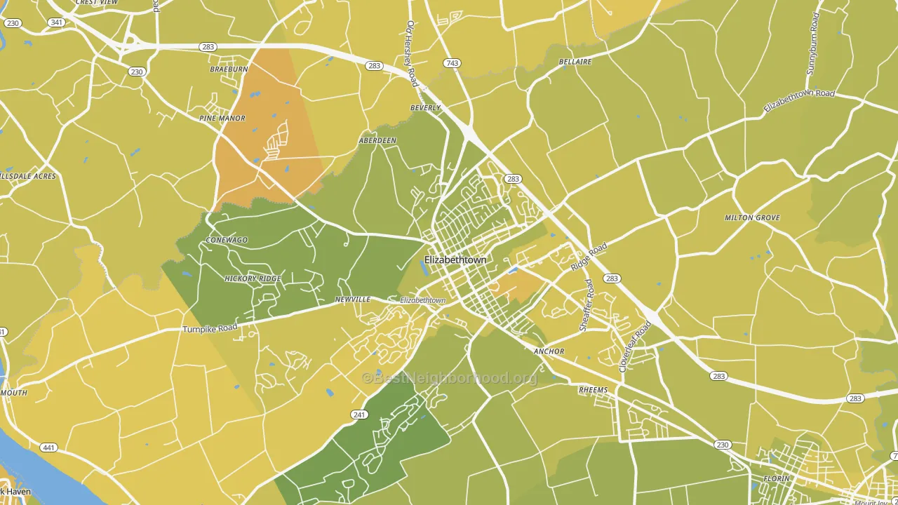 Map of the best neighborhoods in the 17022 area, with better matches in green and worse matches in red