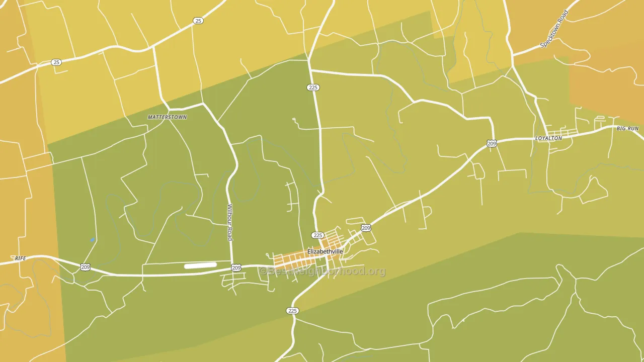 Map of the best neighborhoods in the 17023 area, with better matches in green and worse matches in red