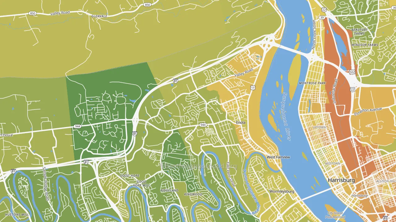 Map of the best neighborhoods in the 17025 area, with better matches in green and worse matches in red
