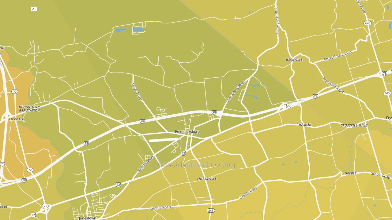Map of the best neighborhoods in the 17026 area, with better matches in green and worse matches in red