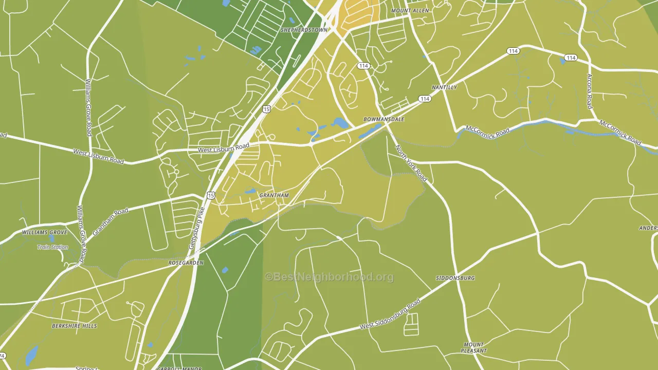 Map of the best neighborhoods in the 17027 area, with better matches in green and worse matches in red