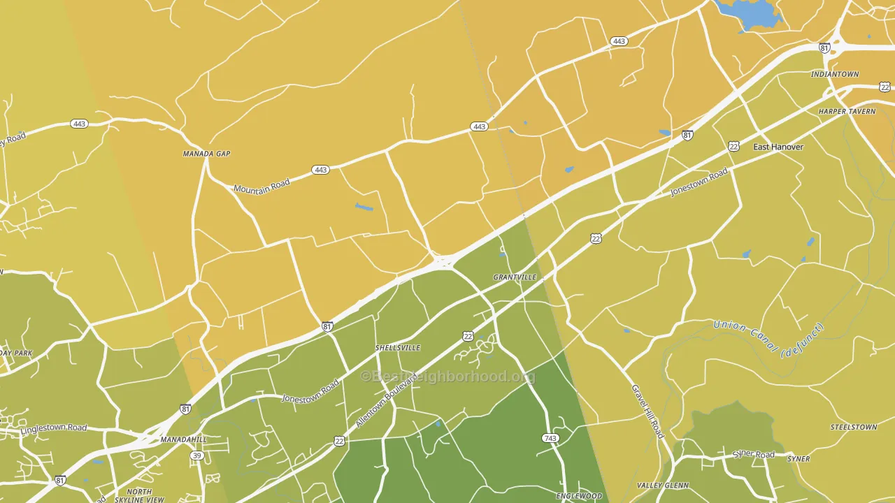 Map of the best neighborhoods in the 17028 area, with better matches in green and worse matches in red