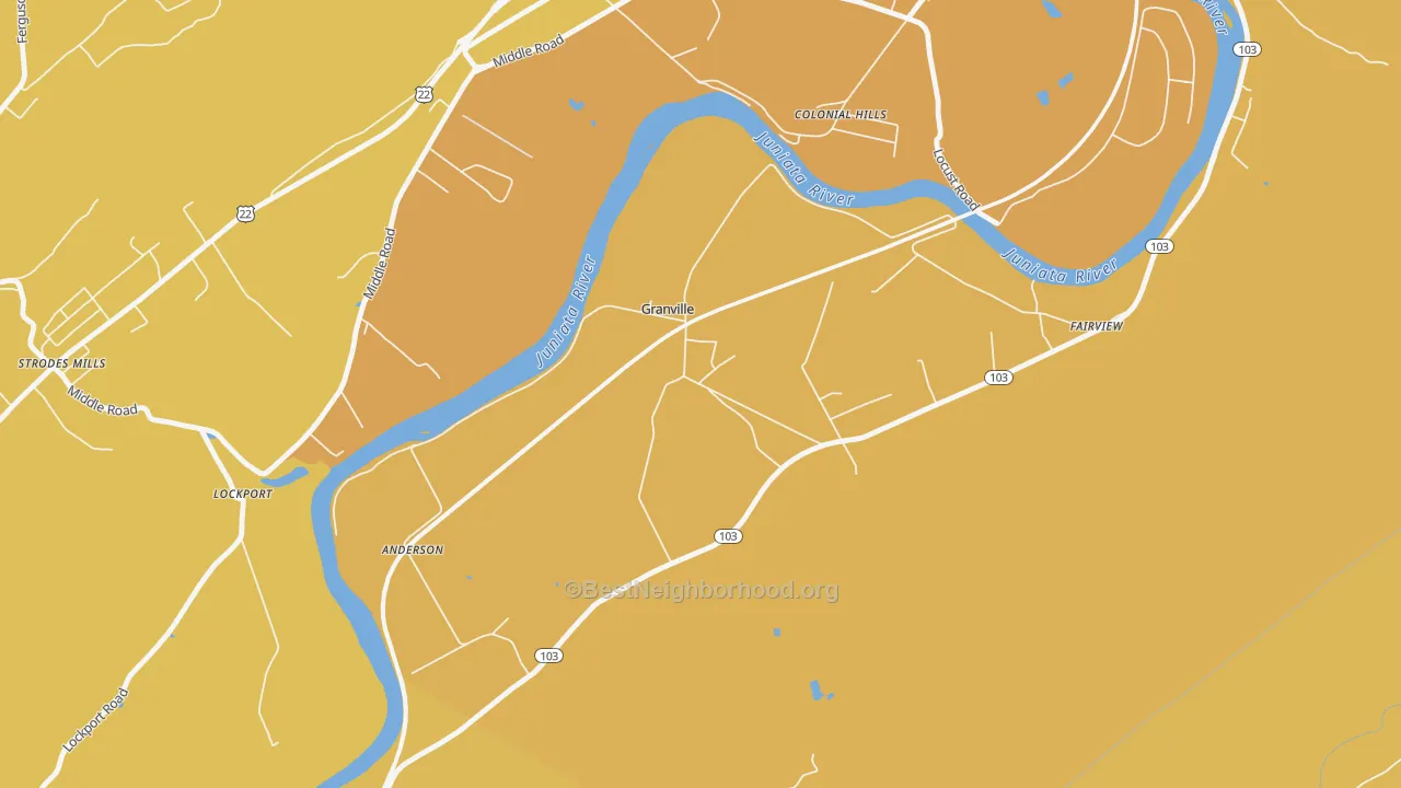 Map of the best neighborhoods in the 17029 area, with better matches in green and worse matches in red