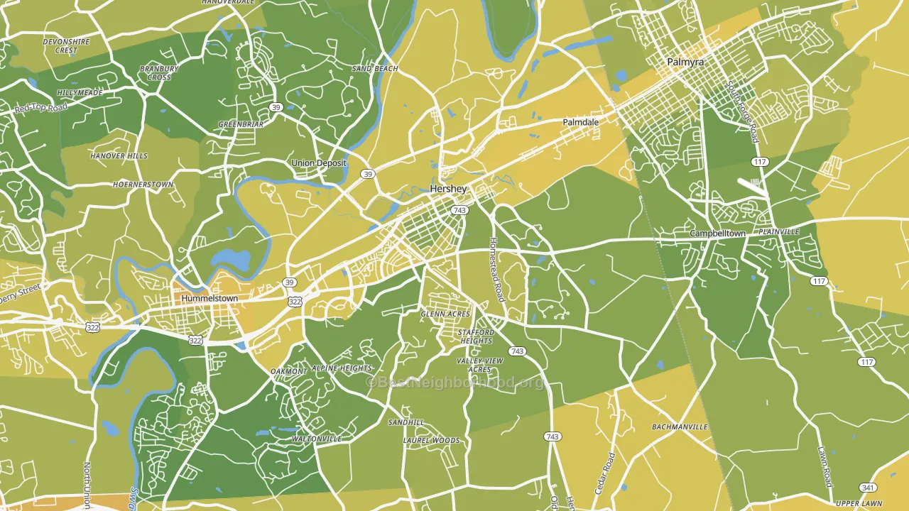 Map of the best neighborhoods in the 17033 area, with better matches in green and worse matches in red