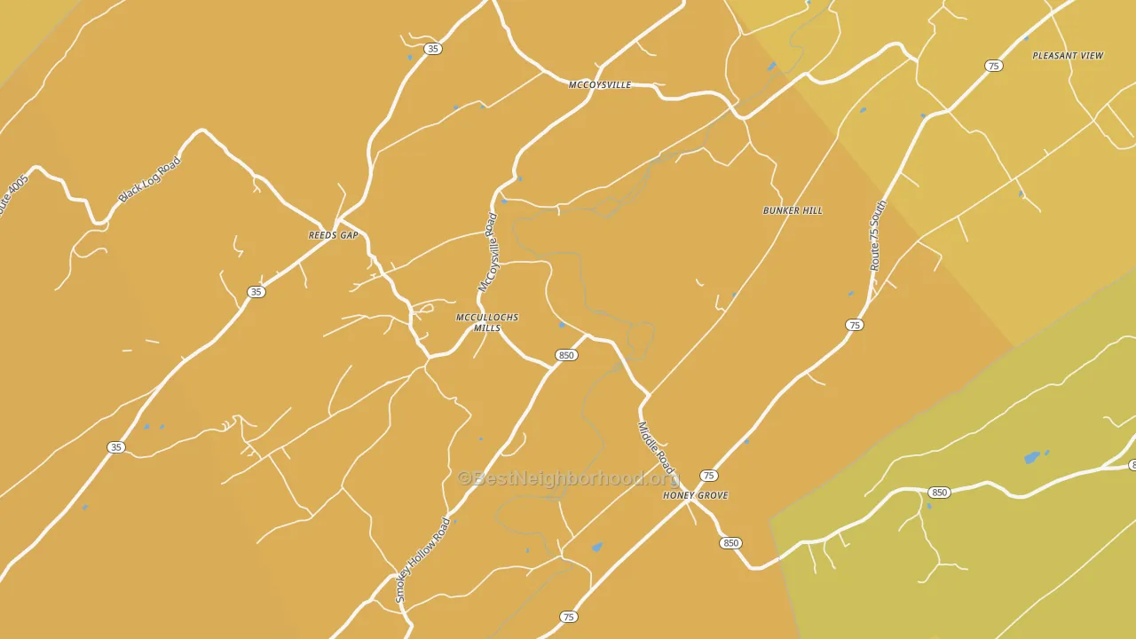 Map of the best neighborhoods in the 17035 area, with better matches in green and worse matches in red