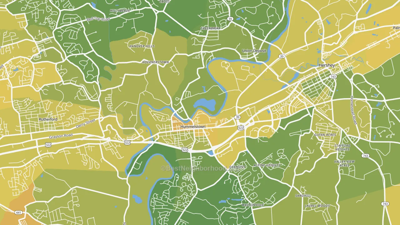 Map of the best neighborhoods in the 17036 area, with better matches in green and worse matches in red