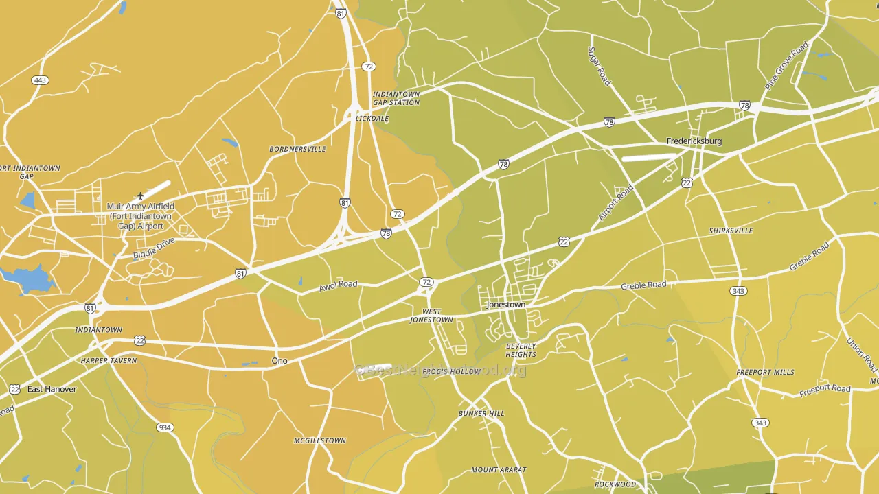 Map of the best neighborhoods in the 17038 area, with better matches in green and worse matches in red