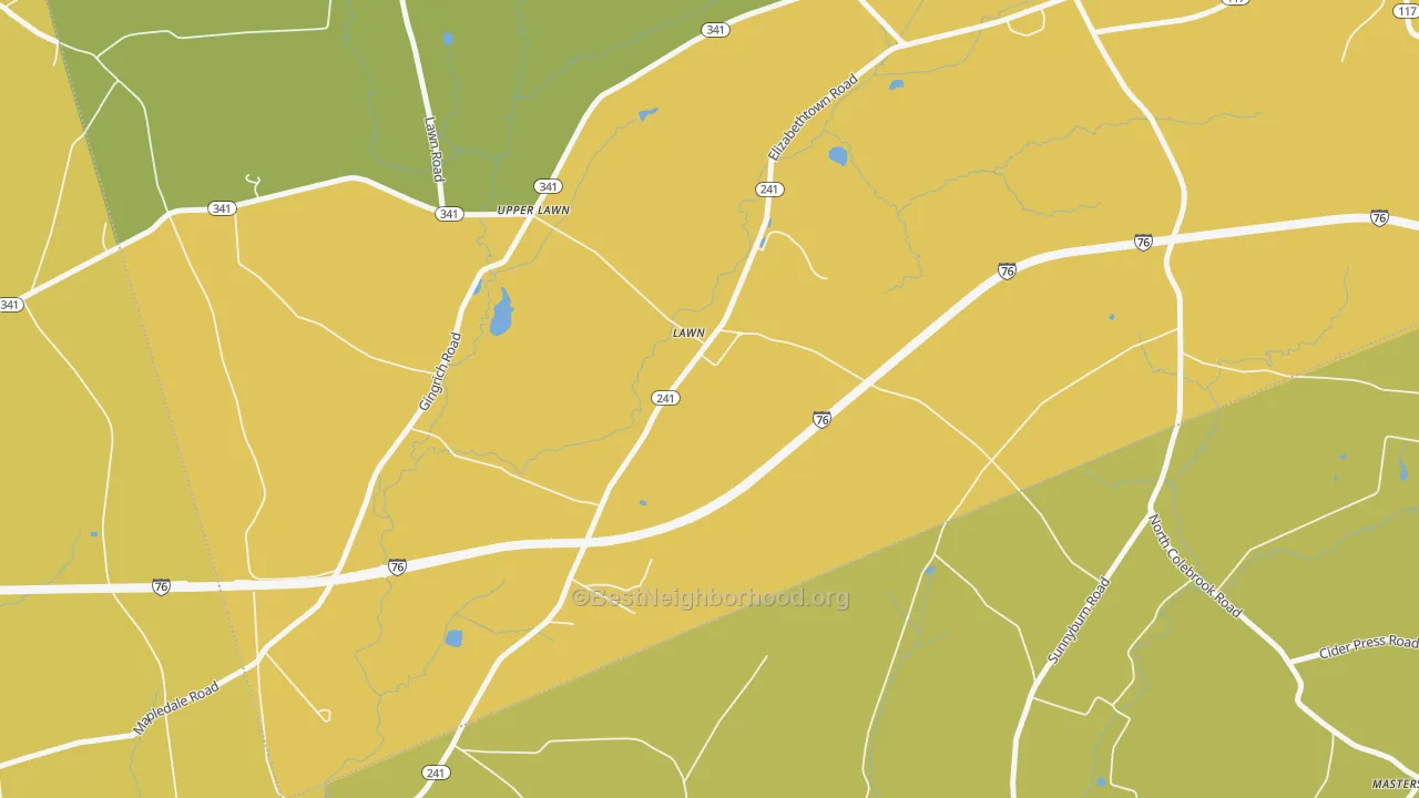 Map of the best neighborhoods in the 17041 area, with better matches in green and worse matches in red