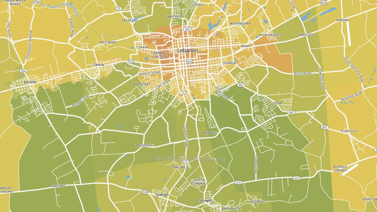 Map of the best neighborhoods in the 17042 area, with better matches in green and worse matches in red