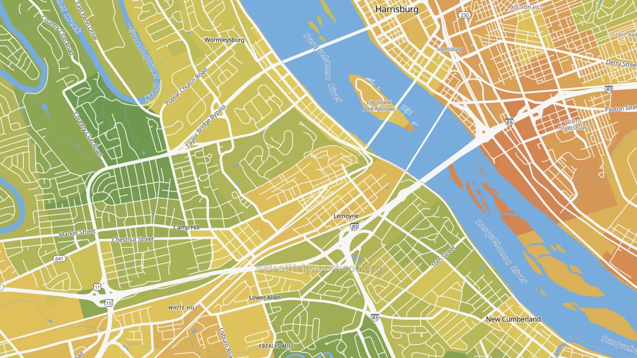 Map of the best neighborhoods in the 17043 area, with better matches in green and worse matches in red