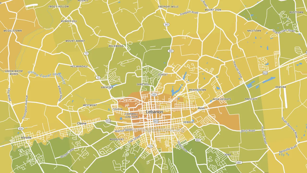 Map of the best neighborhoods in the 17046 area, with better matches in green and worse matches in red