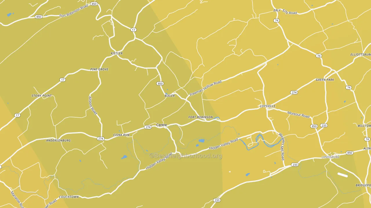 Map of the best neighborhoods in the 17047 area, with better matches in green and worse matches in red