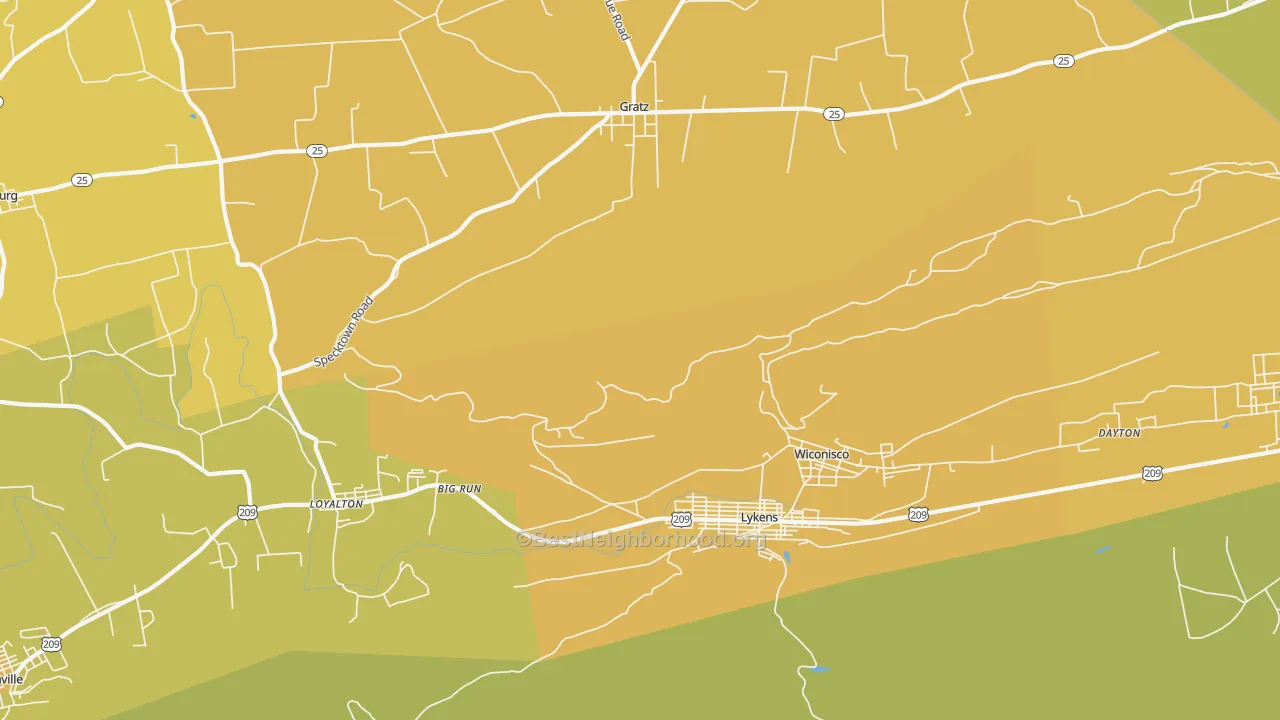 Map of the best neighborhoods in the 17048 area, with better matches in green and worse matches in red