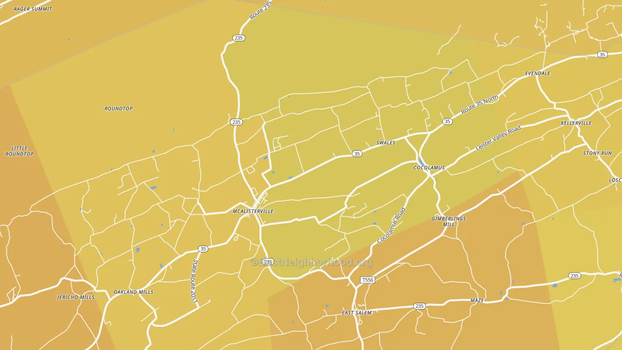 Map of the best neighborhoods in the 17049 area, with better matches in green and worse matches in red
