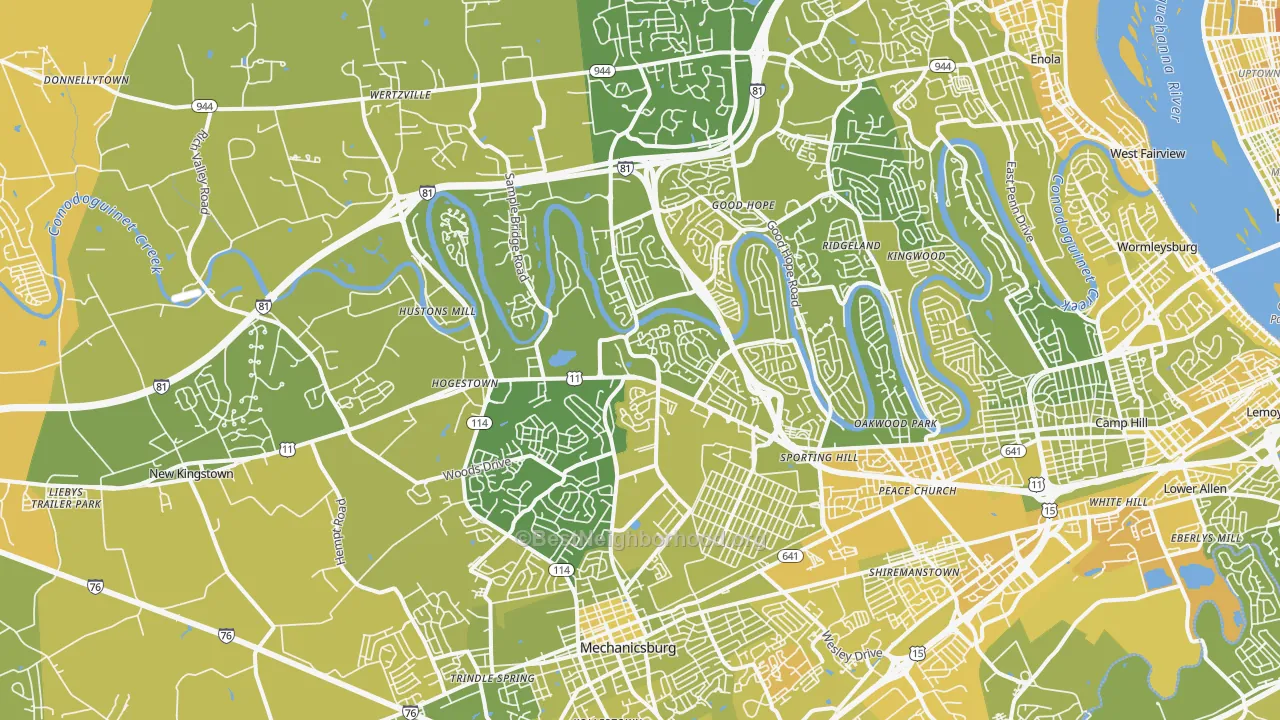 Map of the best neighborhoods in the 17050 area, with better matches in green and worse matches in red