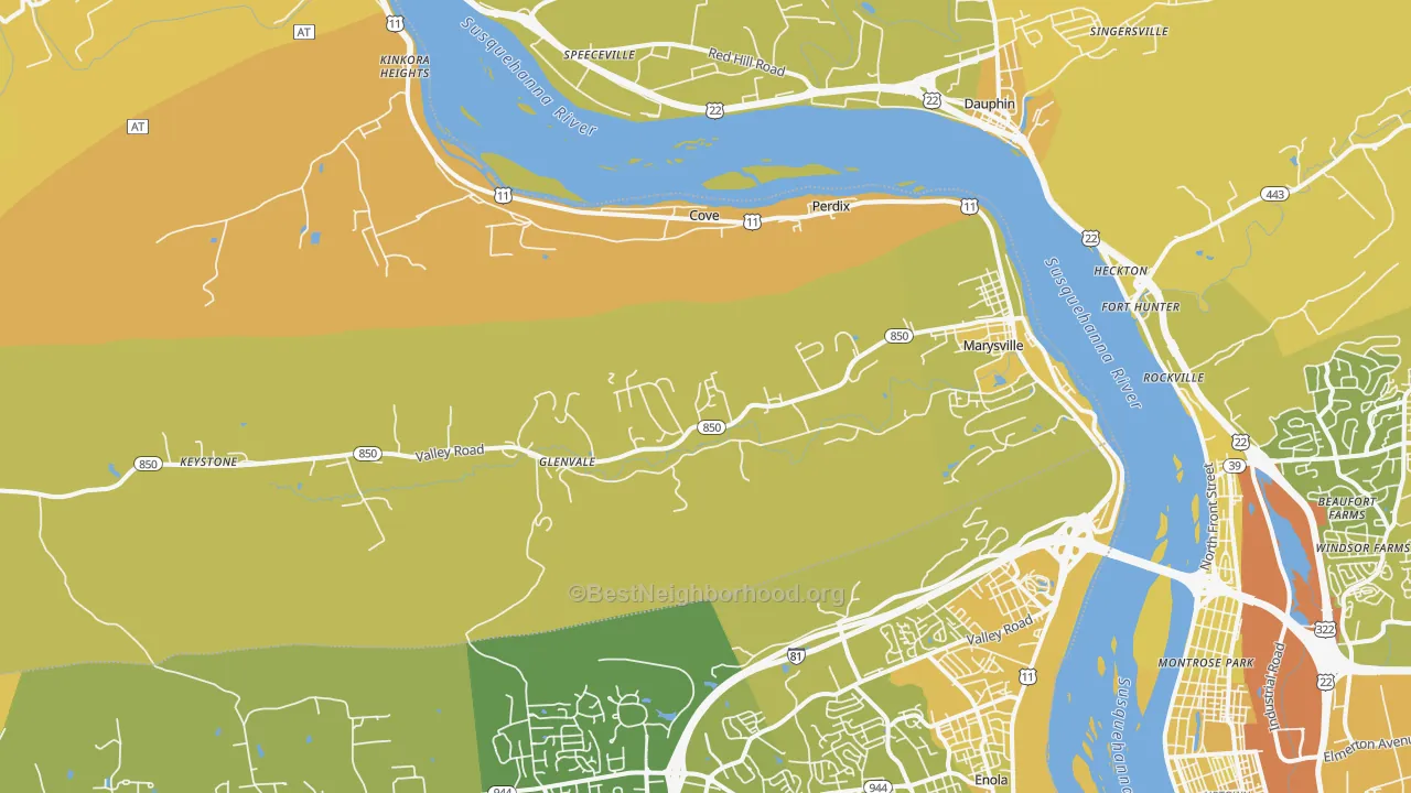 Map of the best neighborhoods in the 17053 area, with better matches in green and worse matches in red