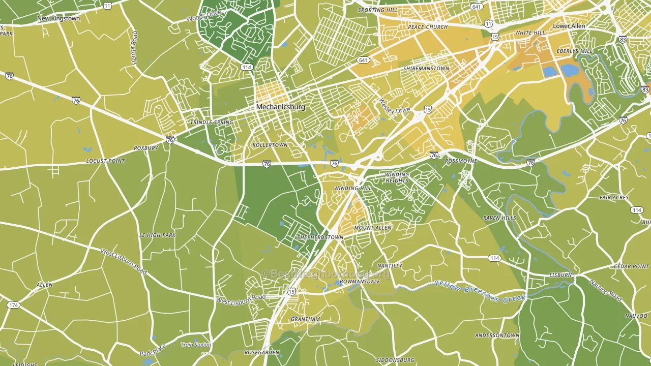 Map of the best neighborhoods in the 17055 area, with better matches in green and worse matches in red