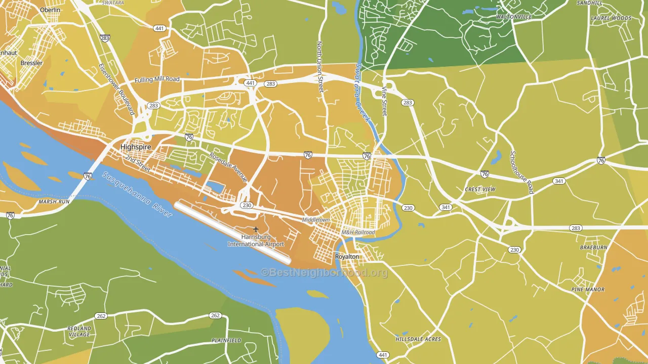 Map of the best neighborhoods in the 17057 area, with better matches in green and worse matches in red
