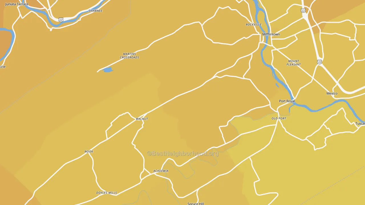 Map of the best neighborhoods in the 17058 area, with better matches in green and worse matches in red