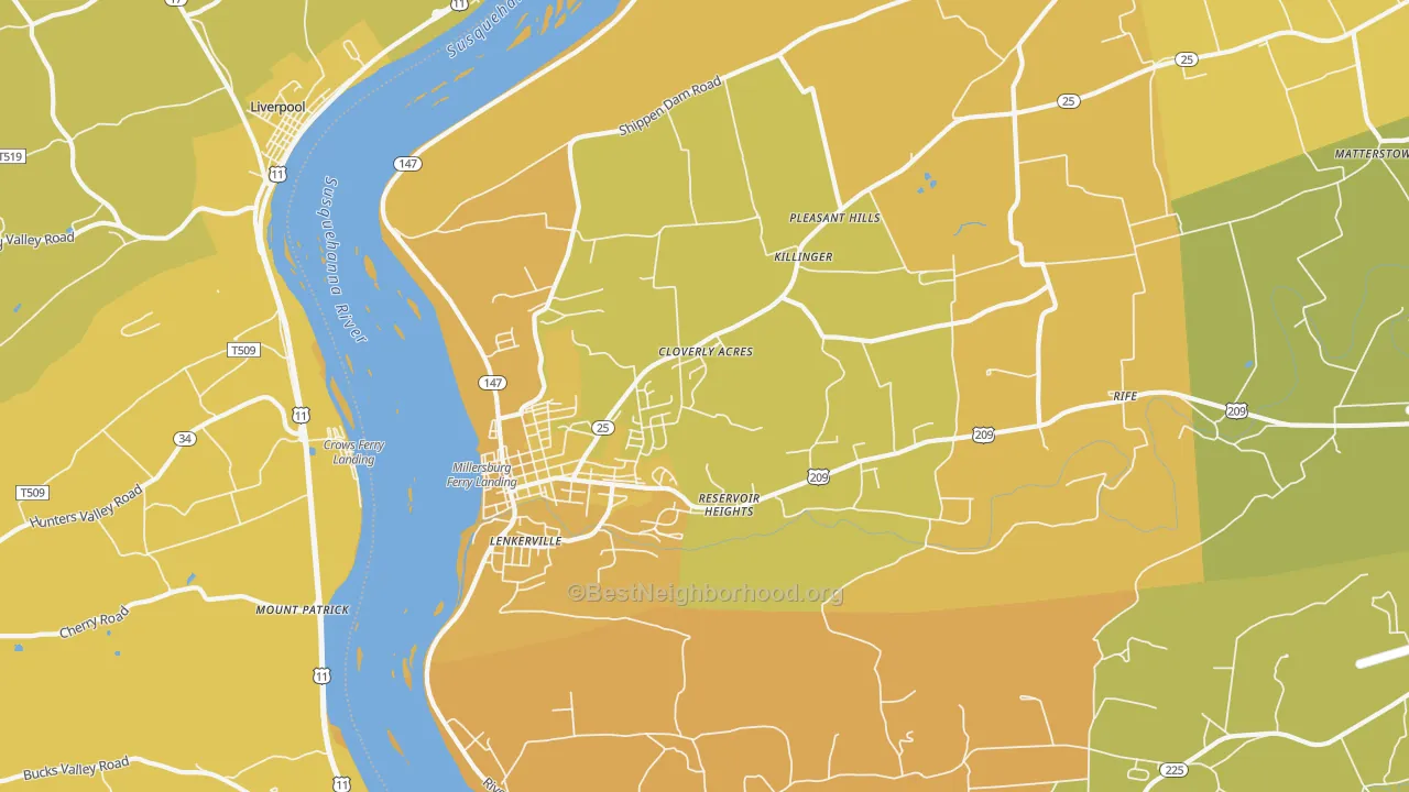 Map of the best neighborhoods in the 17061 area, with better matches in green and worse matches in red