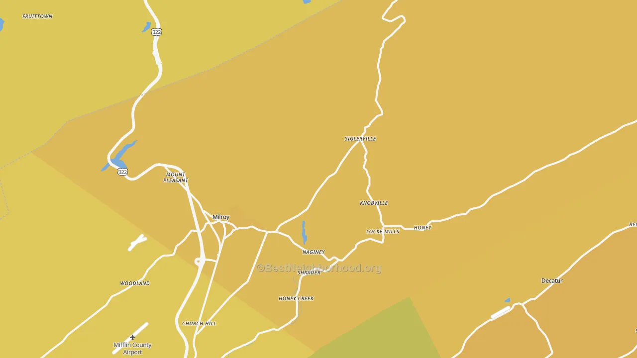 Map of the best neighborhoods in the 17063 area, with better matches in green and worse matches in red