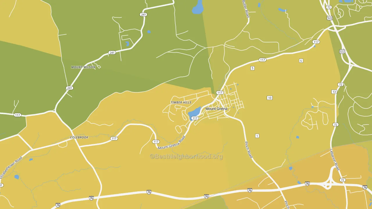 Map of the best neighborhoods in the 17064 area, with better matches in green and worse matches in red