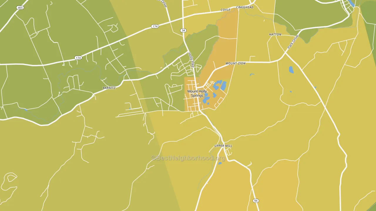 Map of the best neighborhoods in the 17065 area, with better matches in green and worse matches in red