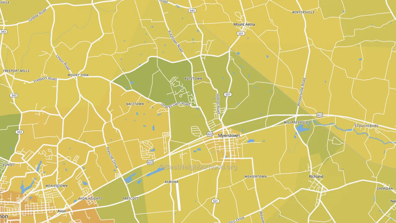 Map of the best neighborhoods in the 17067 area, with better matches in green and worse matches in red