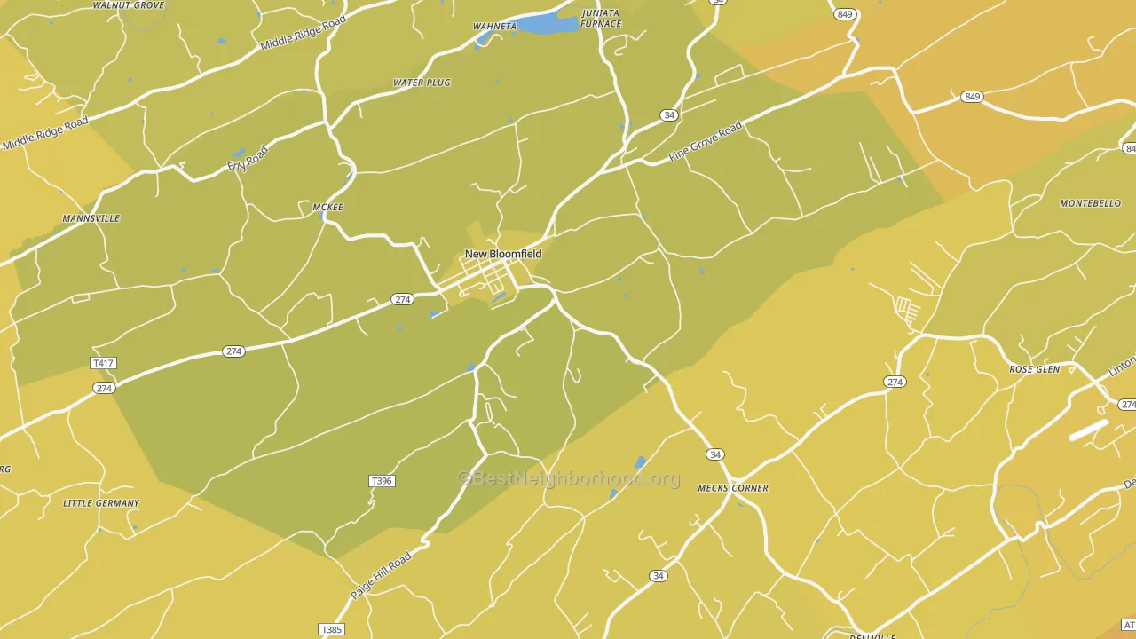 Map of the best neighborhoods in the 17068 area, with better matches in green and worse matches in red