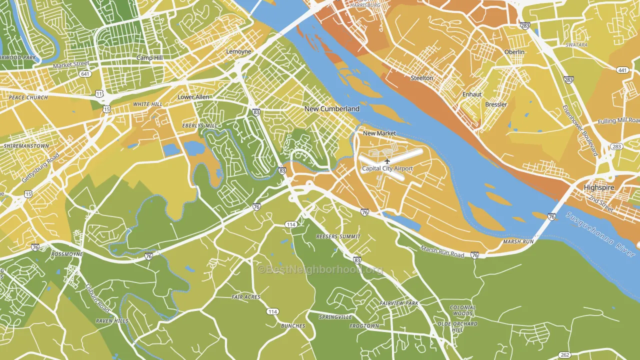 Map of the best neighborhoods in the 17070 area, with better matches in green and worse matches in red