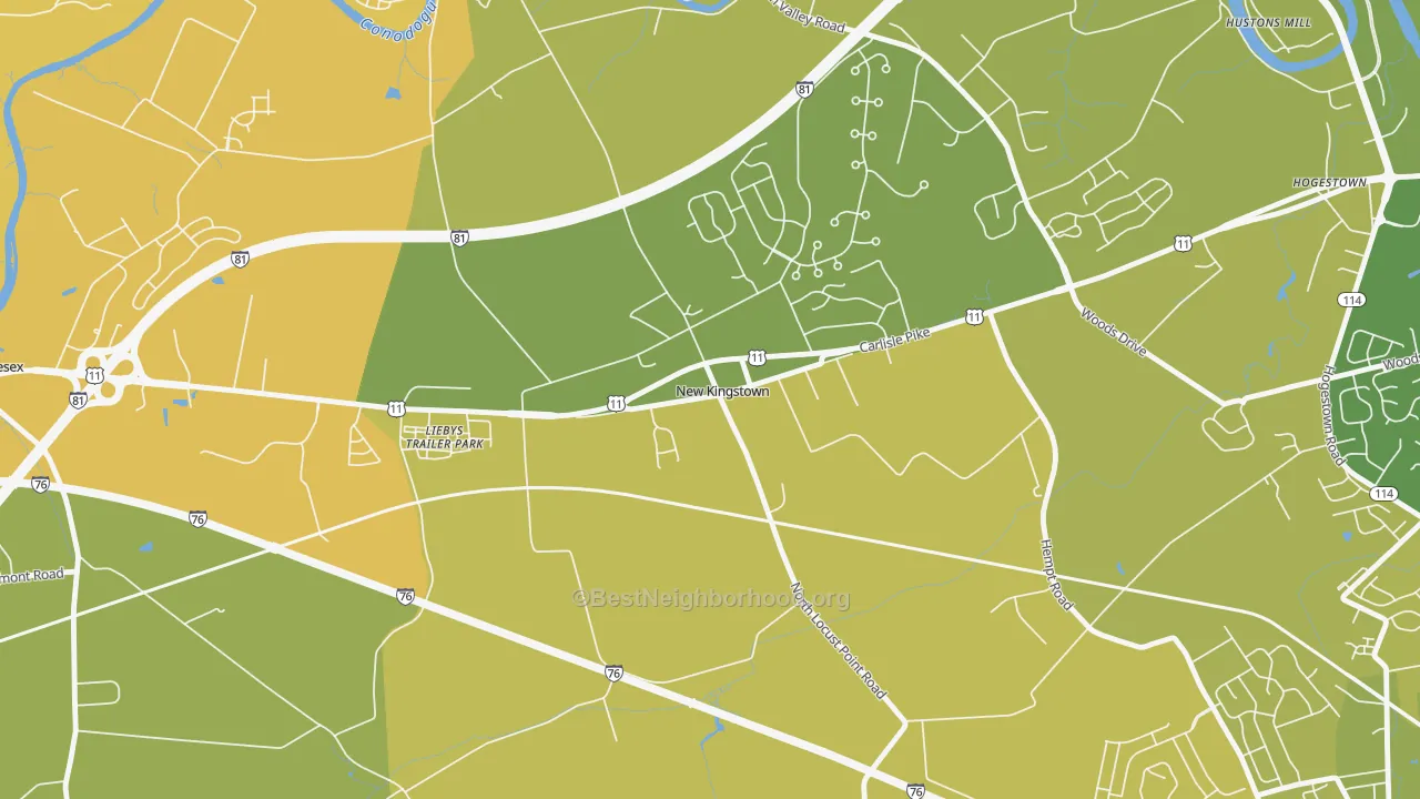 Map of the best neighborhoods in the 17072 area, with better matches in green and worse matches in red