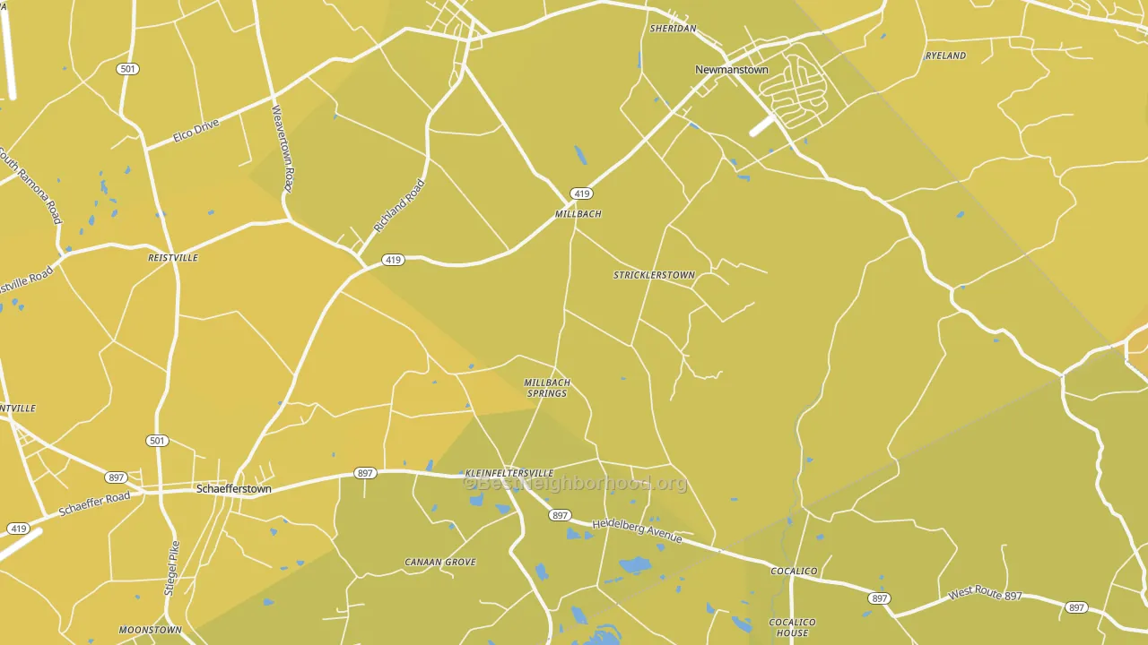 Map of the best neighborhoods in the 17073 area, with better matches in green and worse matches in red